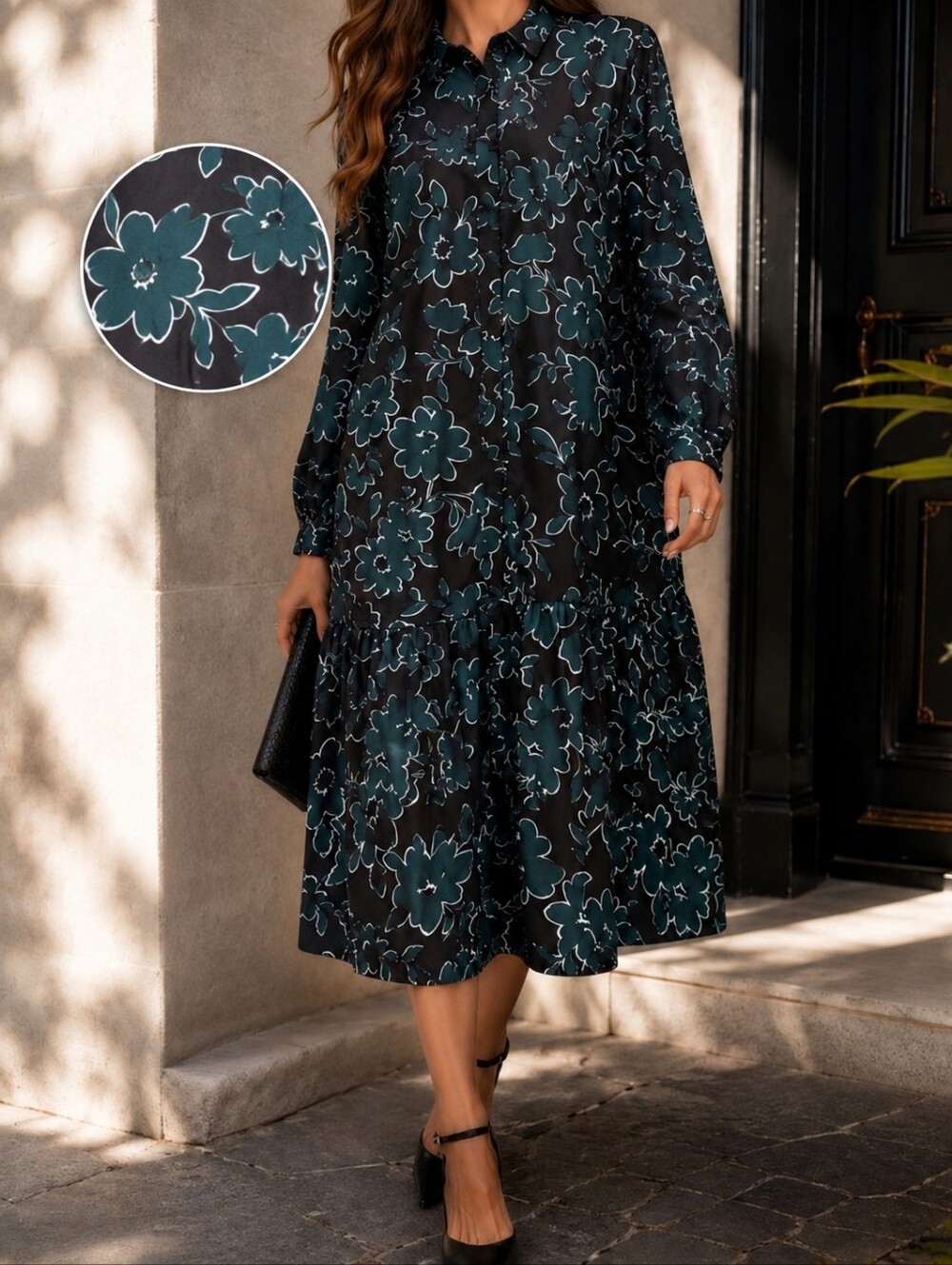 VILA Floral Tiered Midi Dress Size 42 Teal Botanical Button Front